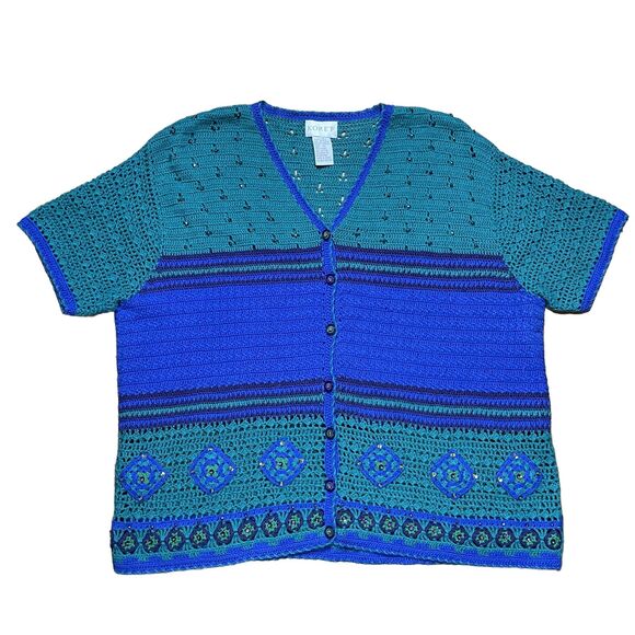 Koret Tops - Koret Vintage Womens Cardigan Crotchet Beaded Boho Blue Green Size L